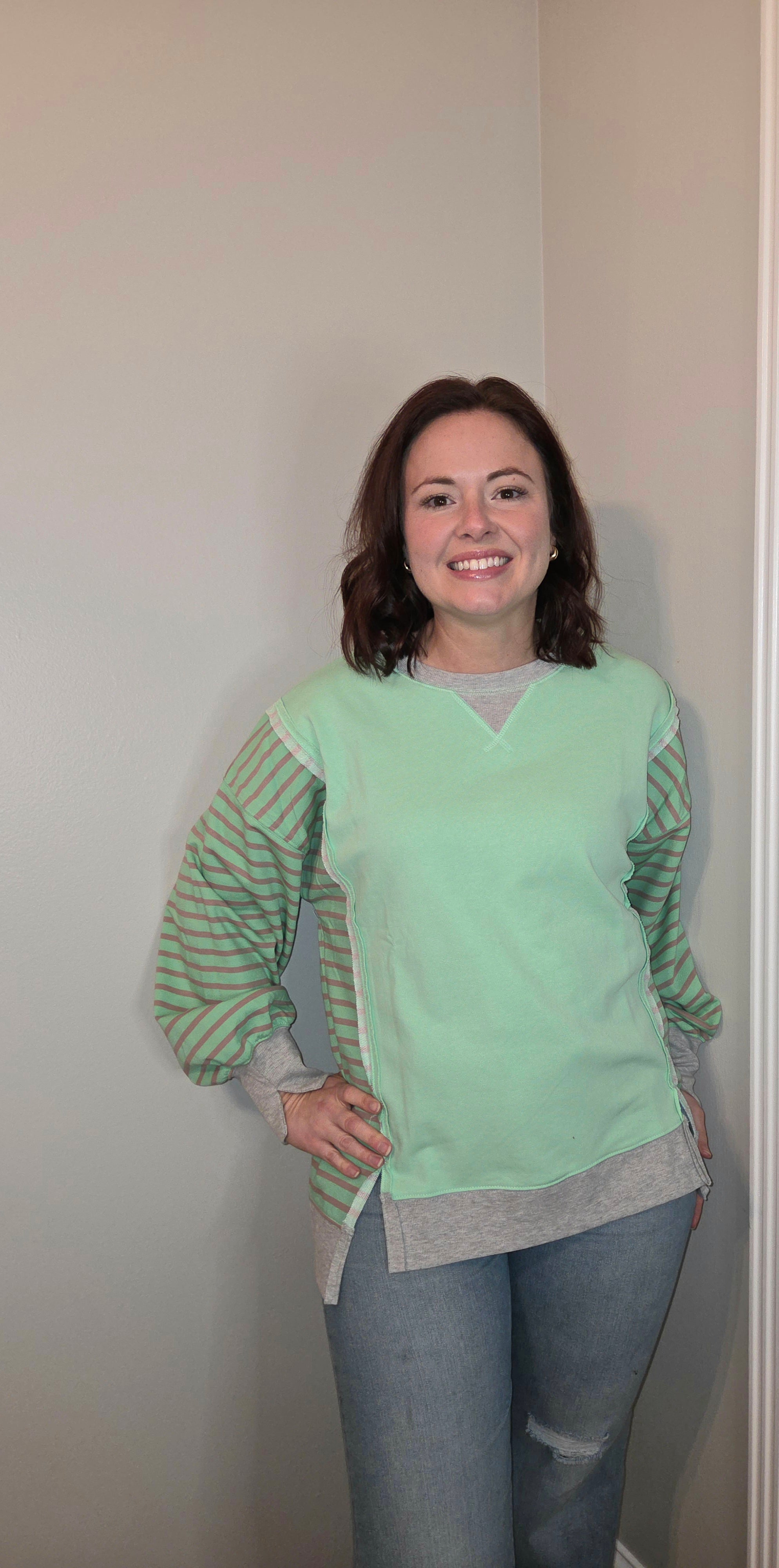 Oversized Striped Casual Top - Mint Green