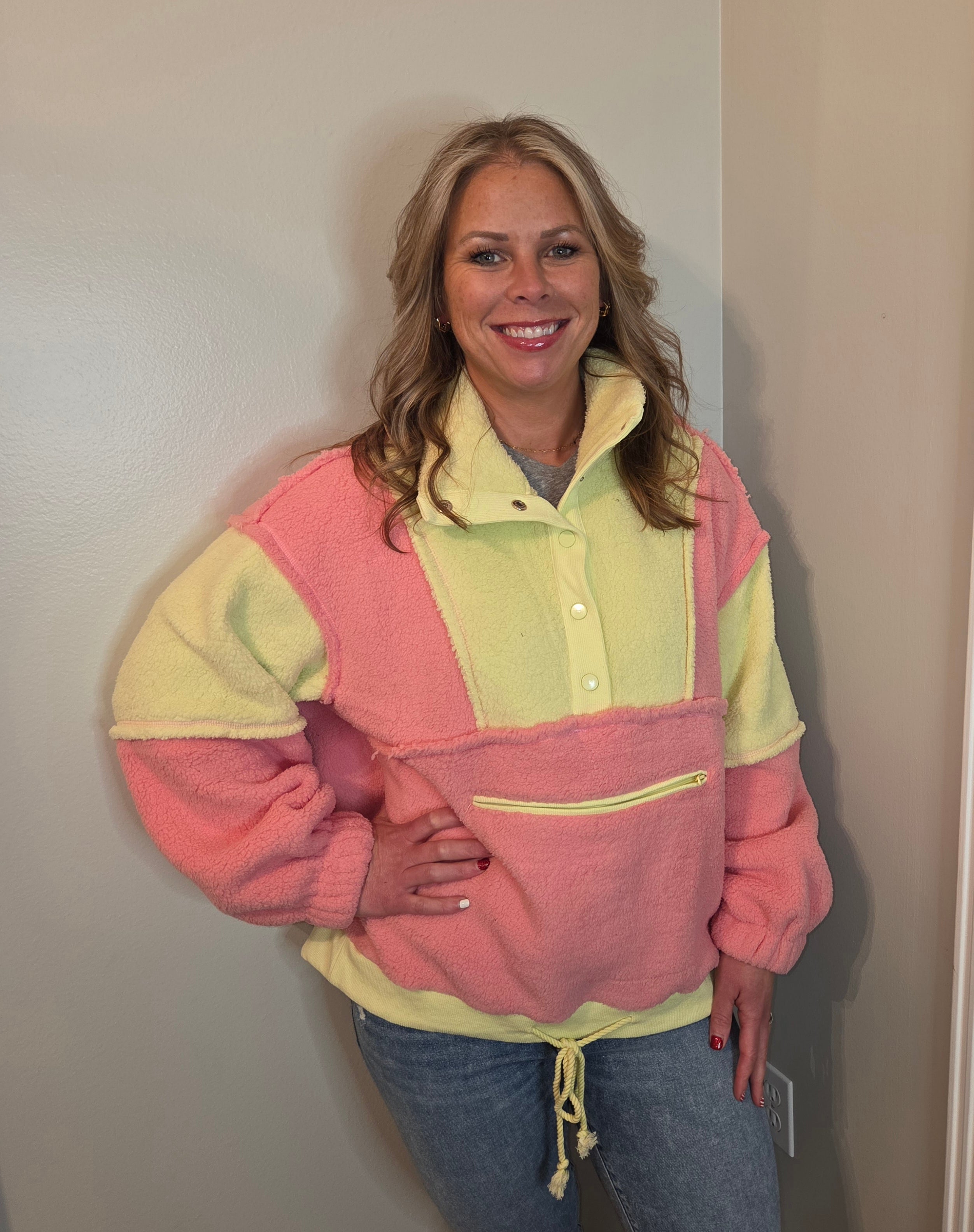 Pink/Green Fleece 1/4 Button Pullover