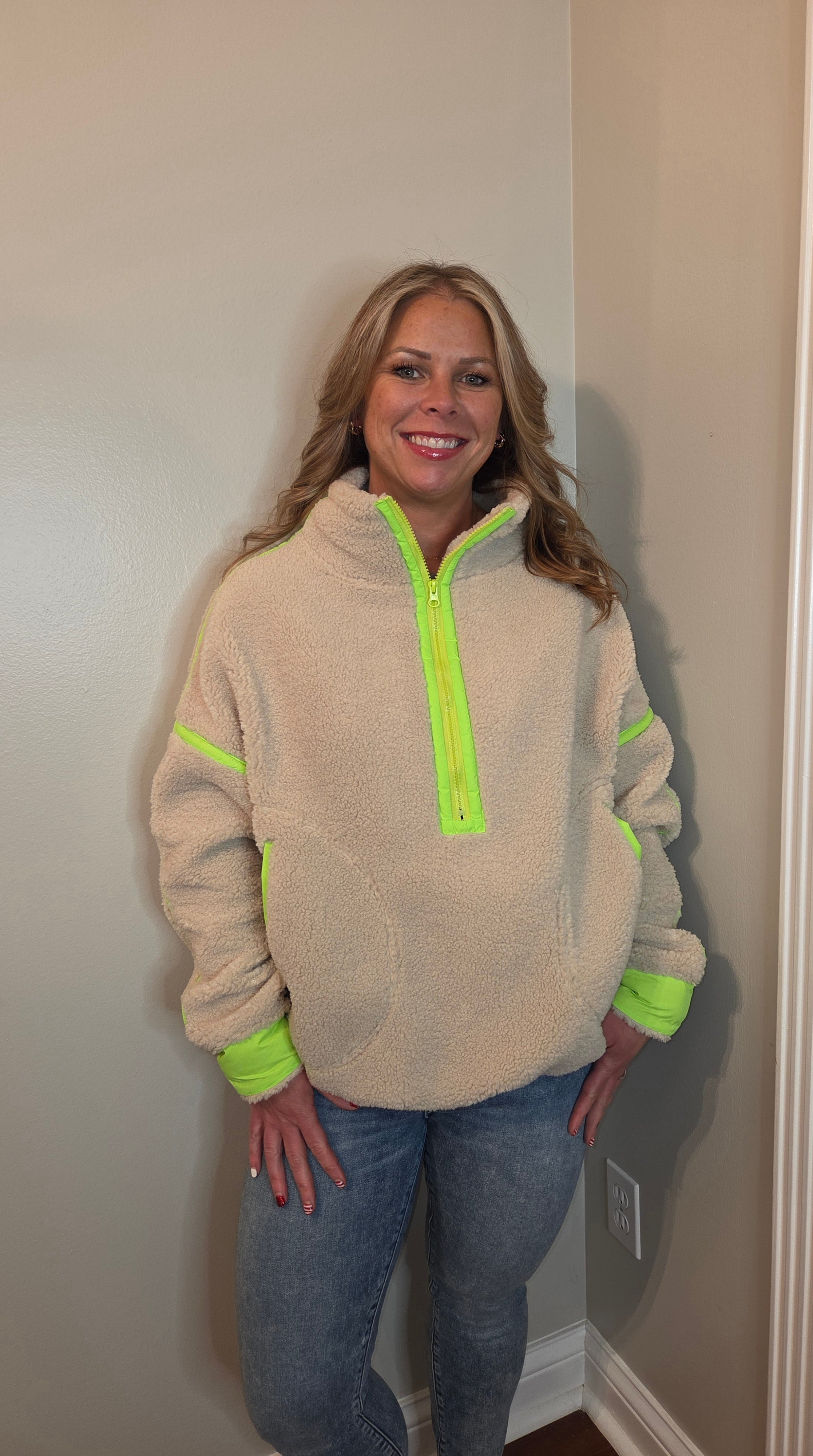 Fleece Pullover 1/4 Zip  Oatmeal/Lime Green