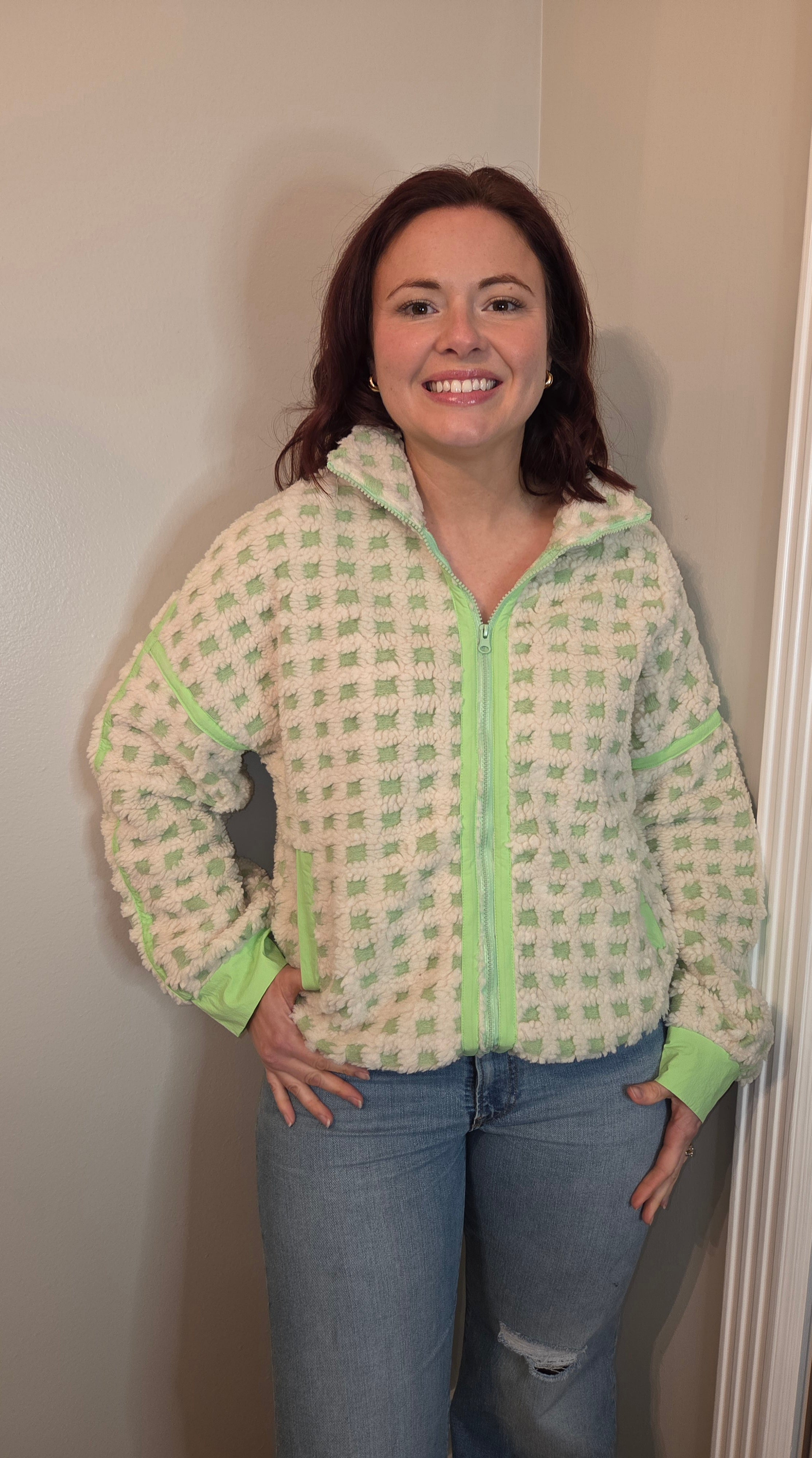 Fleece Checkered Jacket Cream/Bright Green
